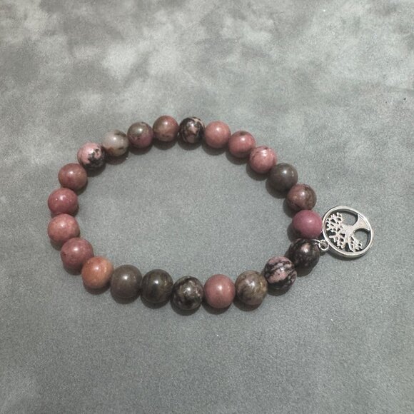 Rhodonite Jasper Beaded Bracelet With Tree Of Life Silver Charm Elastic Stretch - Picture 2 of 3